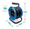 Prolunga avvolgicavo da 15 metri, con  4 ingressi Schuko 10/16A, spina italiana 16A