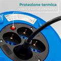 Prolunga avvolgicavo da 15 metri, con  4 ingressi Schuko 10/16A, spina italiana 16A