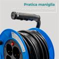 Prolunga avvolgicavo da 15 metri, con  4 ingressi Schuko 10/16A, spina italiana 16A