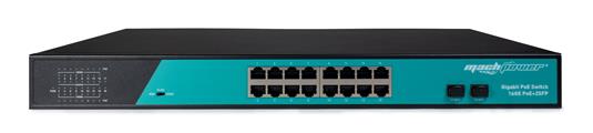 Switch 16 porte gigabit POE unmanaged con 2 porte SFP, per armadi rack 19, con funzione VLAN, fino a 300 metri