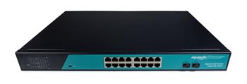 Switch 16 porte gigabit POE unmanaged con 2 porte SFP, per armadi rack 19, con funzione VLAN, fino a 300 metri