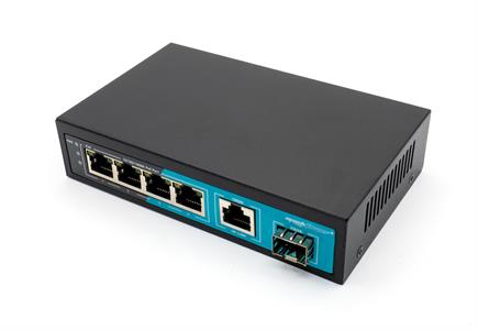 Switch 4 porte gigabit, 1 Porta Uplink Gigabit, 1 Porta SFP, fino a 250 metri, con Funzione VLAN, 65W