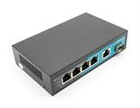 Switch 4 porte gigabit, 1 Porta Uplink Gigabit, 1 Porta SFP, fino a 250 metri, con Funzione VLAN, 65W