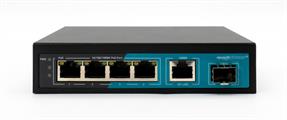 Switch 4 porte gigabit, 1 Porta Uplink Gigabit, 1 Porta SFP, fino a 250 metri, con Funzione VLAN, 65W