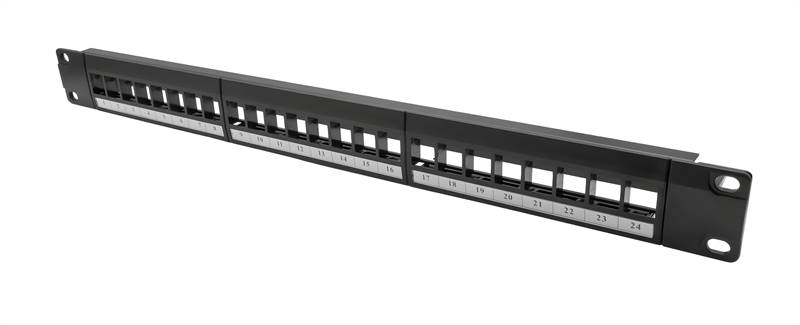 Patch panel modulare 24 porte per armadi rack da 19, colore nero, ingombro 1 unità