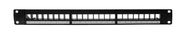 Patch panel modulare 24 porte per armadi rack da 19, colore nero, ingombro 1 unità