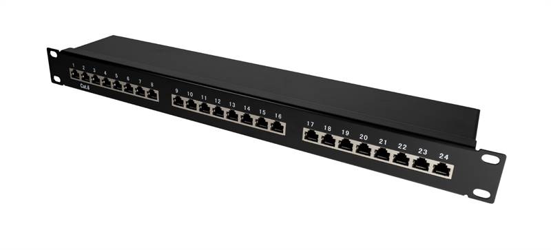 Patch panel STP Cat6 24 porte RJ45 per armadi rack da 19, colore nero