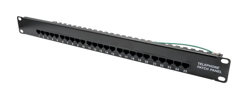 Patch panel telefonico Cat3 25 porte per armadi rack da 19, colore nero