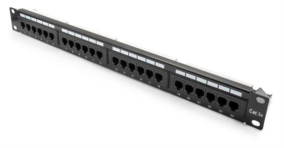 Patch panel U/UTP Cat5e 24 porte RJ45 per armadi rack da 19, colore nero