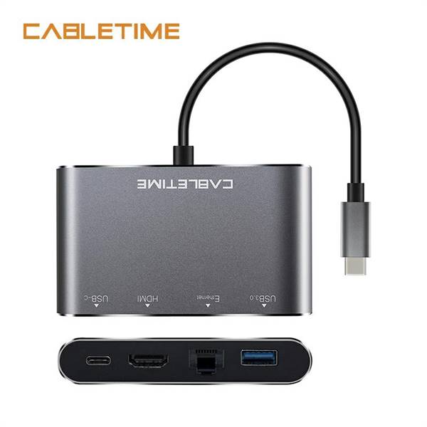 4-in-1 USB-C To HDMI+RJ45+USB3.0+USB-C, Multiport HUB,Black,0.15m