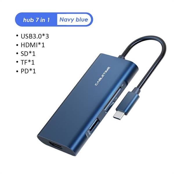 Docking station 7 in 1 USB-C a HDMI+3xUSB3.0+SD3.0+TF3.0+USB-C, lunghezza cavo 15cm, colore nero