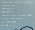 Adattatore USB-C a RJ45 1000Mbps, colore space grey, lunghezza 15 centimetri