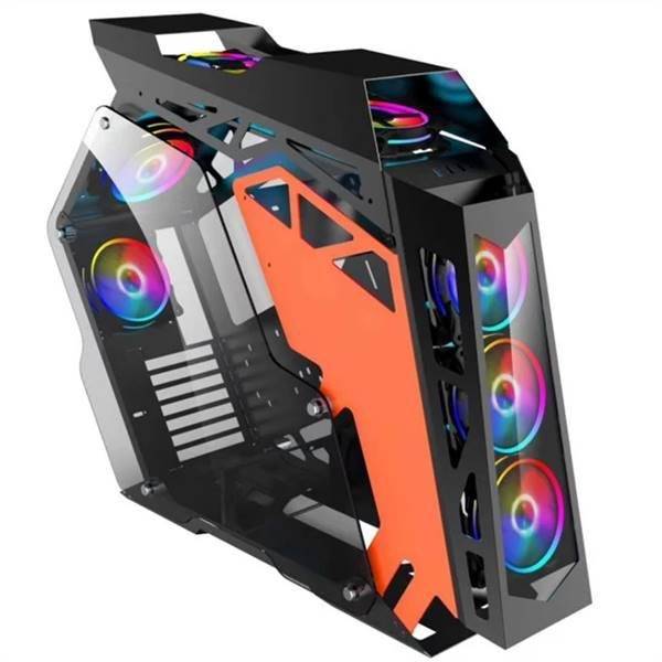 Case gaming con 7 ventole ARGB, struttura in metallo e vetro temperato, colore arancione/nero