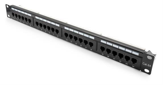 Patch panel UTP Cat6A 24 porte RJ45 per armadi rack da 19, colore nero