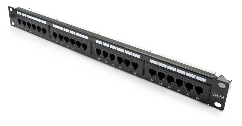 Patch panel UTP Cat6A 24 porte RJ45 per armadi rack da 19, colore nero
