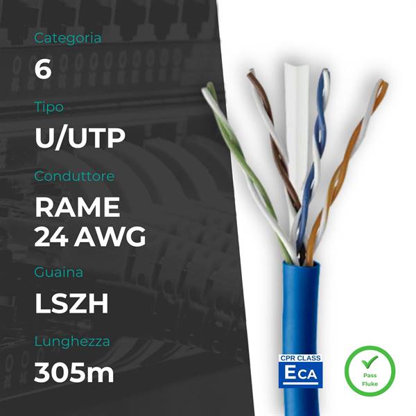 Matassa U/UTP CAT.6 Rame 0.52mm 24AWG 305m LSZH Blu CPR Eca (PASS FLUKE)