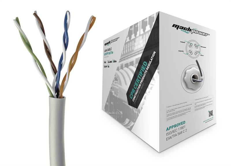 Matassa UTP Ca5e rame 0,5mm, 305 metri, 24 AWG, con certificazione CPR, materiale PVC, colore grigio