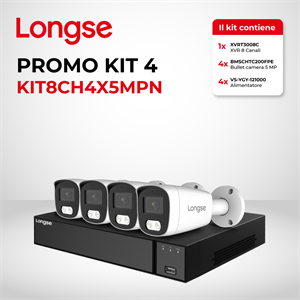 Kit XVRT 8 canali fino a 5MP, 4 bullet camera 5 MP, 4 alimentatori per singola camera
