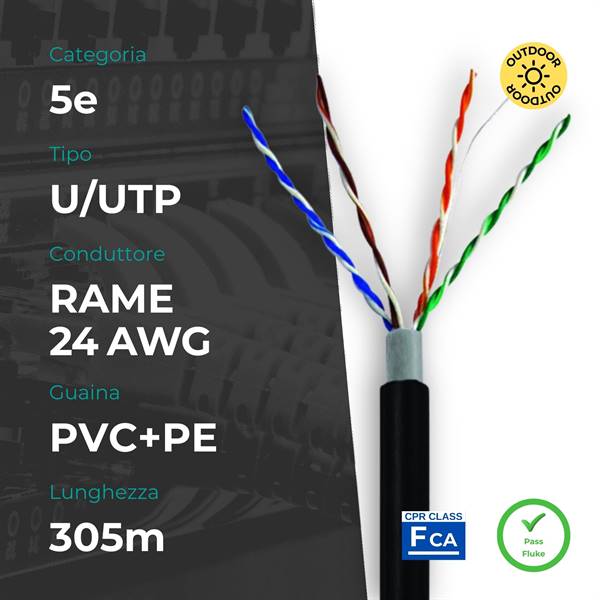 Matassa U/UTP CAT. 5e Rame 0.50mm 24AWG 305m PVC+PE Nero, da esterno, CPR Fca (PASS FLUKE)