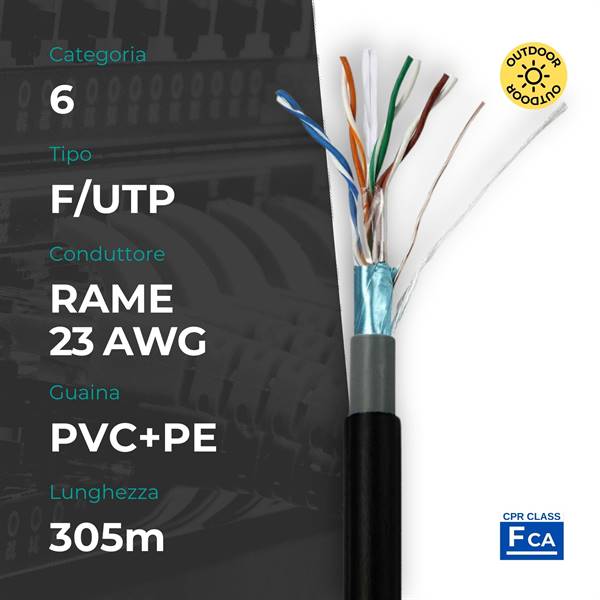 Matassa F/UTP CAT. 6 Rame 0.56mm 23AWG 305m PVC+PE Nero, da esterno, CPR Fca