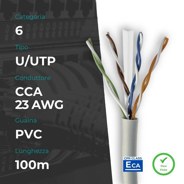 Matassa U/UTP CAT. 6 CCA 0.56mm 23AWG 100m PVC Grigio CPR Eca (PASS FLUKE)
