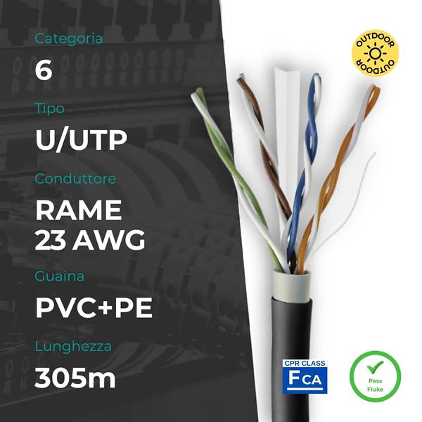 Matassa U/UTP CAT. 6 Rame 0.56mm 23AWG 305m PVC+PE Nero, da esterno, CPR Fca (PASS FLUKE)