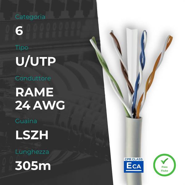 Matassa U/UTP CAT.6 Rame 0.50mm 24AWG 305m LSZH Grigio CPR Eca (PASS FLUKE)