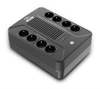 Gruppo di continuità 850VA/510W,Linea Active Plug,8 uscite Schuko (4 protezione da sovratensioni e 4 con battery backup e protezione da sovratensioni,1 batteria 12V/8Ah,1 porta USB, 2 porte TEL/MODEM