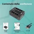 Gruppo di continuità 850VA/510W,Linea Active Plug,8 uscite Schuko (4 protezione da sovratensioni e 4 con battery backup e protezione da sovratensioni,1 batteria 12V/8Ah,1 porta USB, 2 porte TEL/MODEM