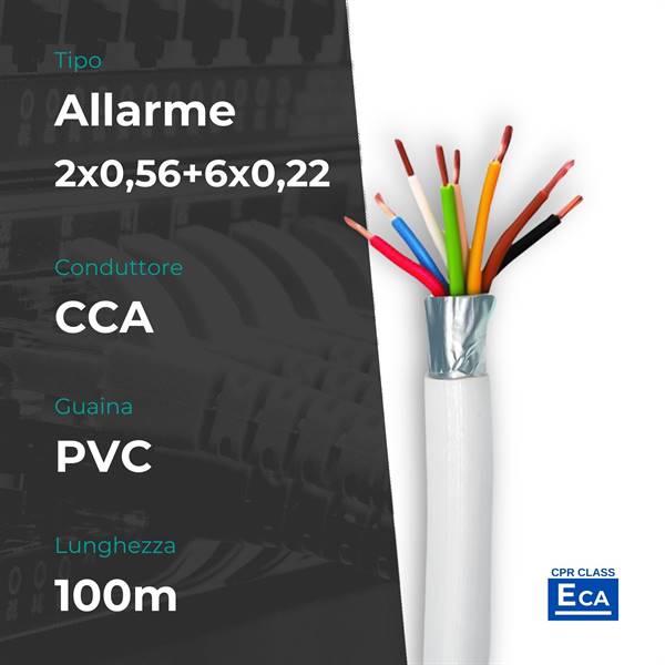 Matassa Cavo Allarme CCA 2*0,5+6*0,22mm 100m PVC Bianco CPR Eca