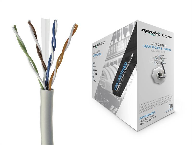 Matassa UTP Cat6 rame 0,5mm, 100 metri, 24 AWG, con certificazione CPR, materiale PVC, colore grigio
