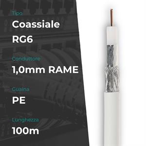 Matassa Cavo Coassiale RG6 Rame 1,0mm PE 4,37mm Schermatura 0.12X48AL OD 6,28mm 100m PVC Bianco