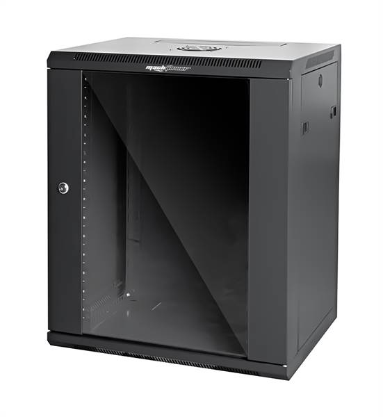 Rack a parete 12 unità 600x450x640 con 1 ventola e 4 montanti, laterali removibili, colore nero