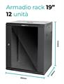 Rack a parete 12 unità 600x450x640 con 1 ventola e 4 montanti, laterali removibili, colore nero