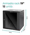 Rack a parete 12 unità 600x600x640 con 2 ventole e 4 montanti, laterali removibili, colore nero