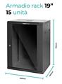 Rack a parete 15 unità 600x450x790 con 1 ventola e 4 montanti, laterali removibili, colore nero